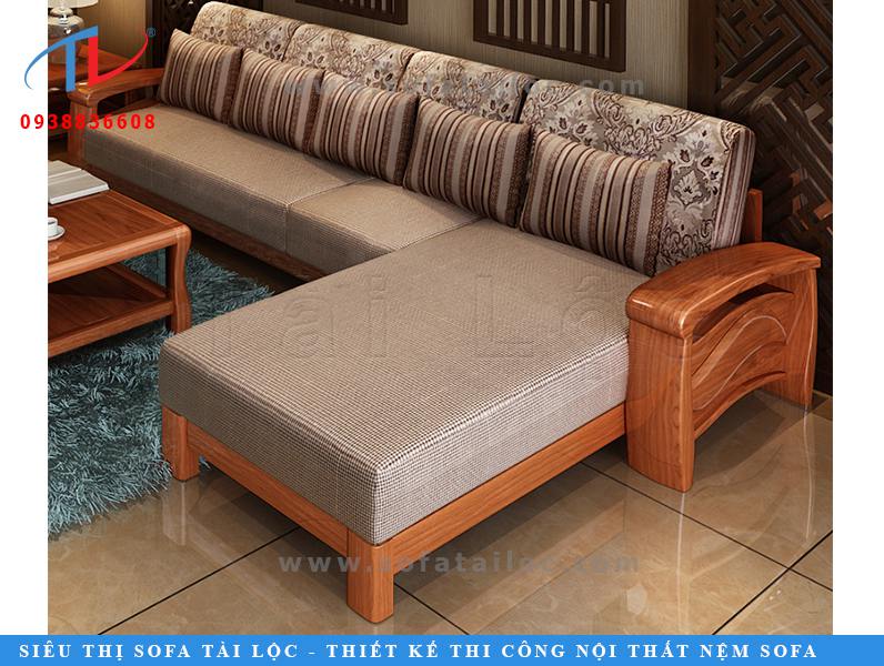 Mẫu sofa gỗ phòng khách được làm từ gỗ bạch dương cao cấp. Đây là mẫu sofa góc gỗ được Tài Lộc nhập khẩu về với phần gỗ cứng cáp được sơn màu đẹp mắt phối cùng phần nệm vô cùng êm ái
